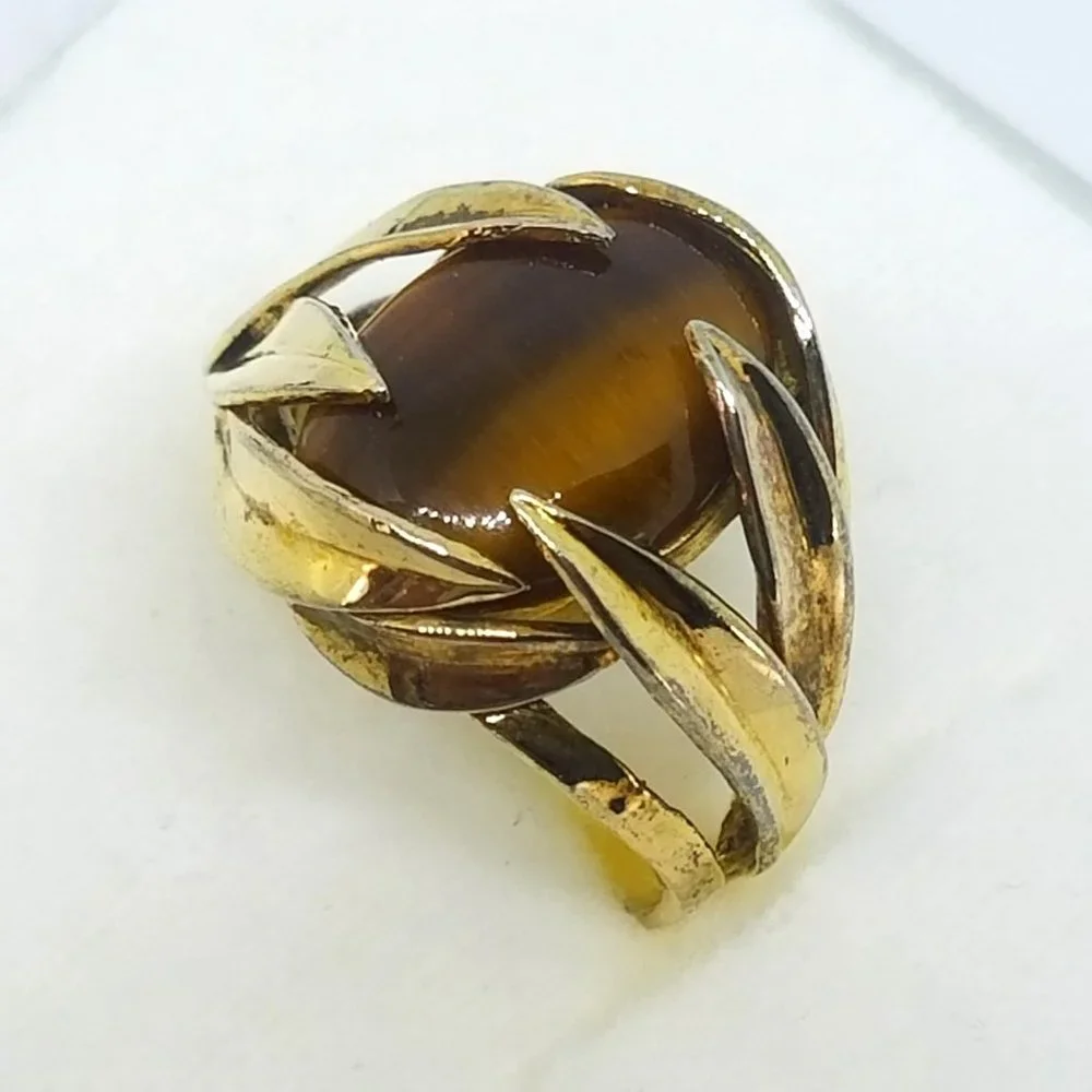 Vintage Oval Tiger Eye Stone Ring set in 925 Gold Plated Sterling Silver Ring